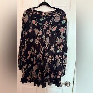 Free People Black Floral Tunic with Pink & Teal Motifs